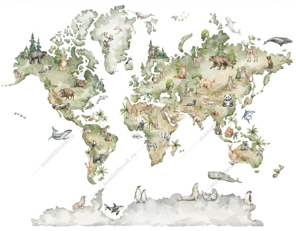 Фотообои Животные на карте мира